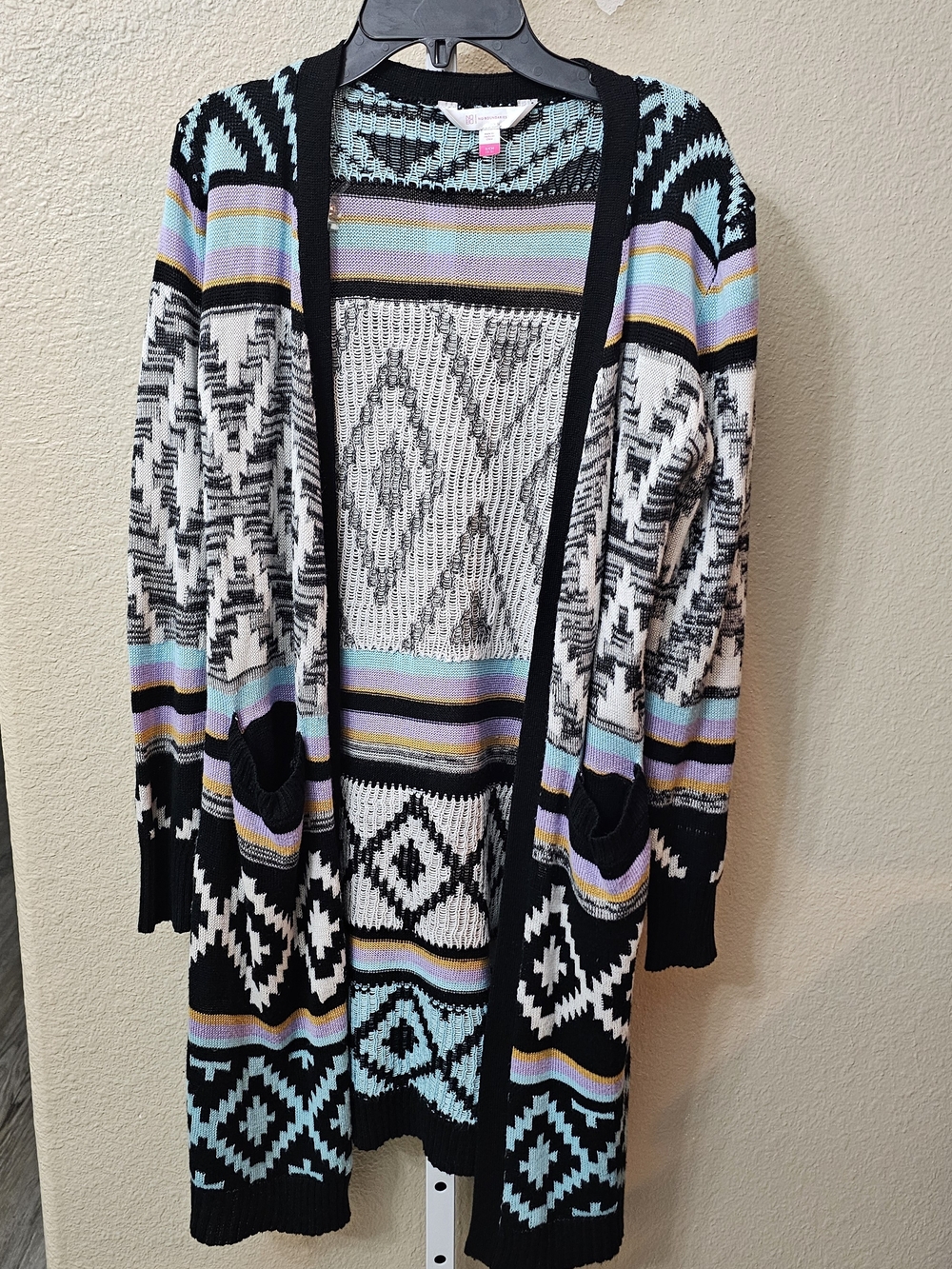No Boundaries Black Aztec Open-Front Cardigan with Pastel Stripes SMALL